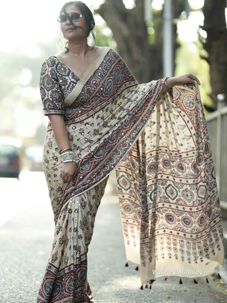 SOFT JAPAN SATIN AJARAKH PRINT REAL MIRROR WORK SAREE 2