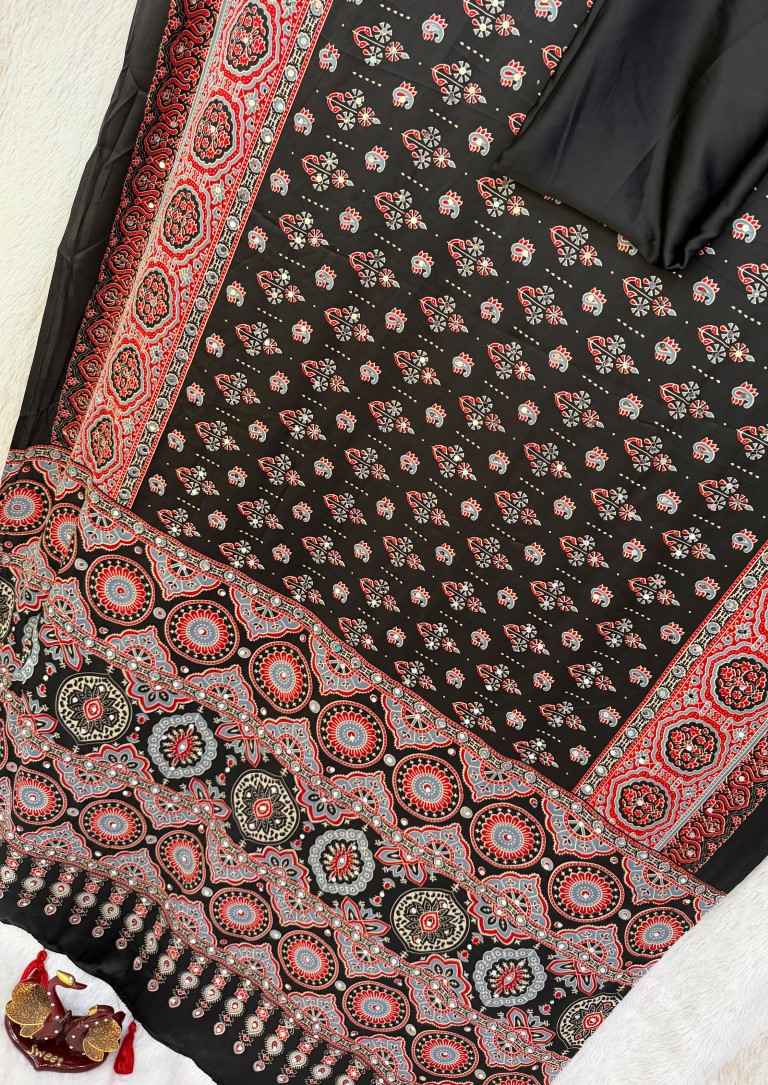 SOFT JAPAN SATIN AJARAKH PRINT REAL MIRROR WORK SAREE 2