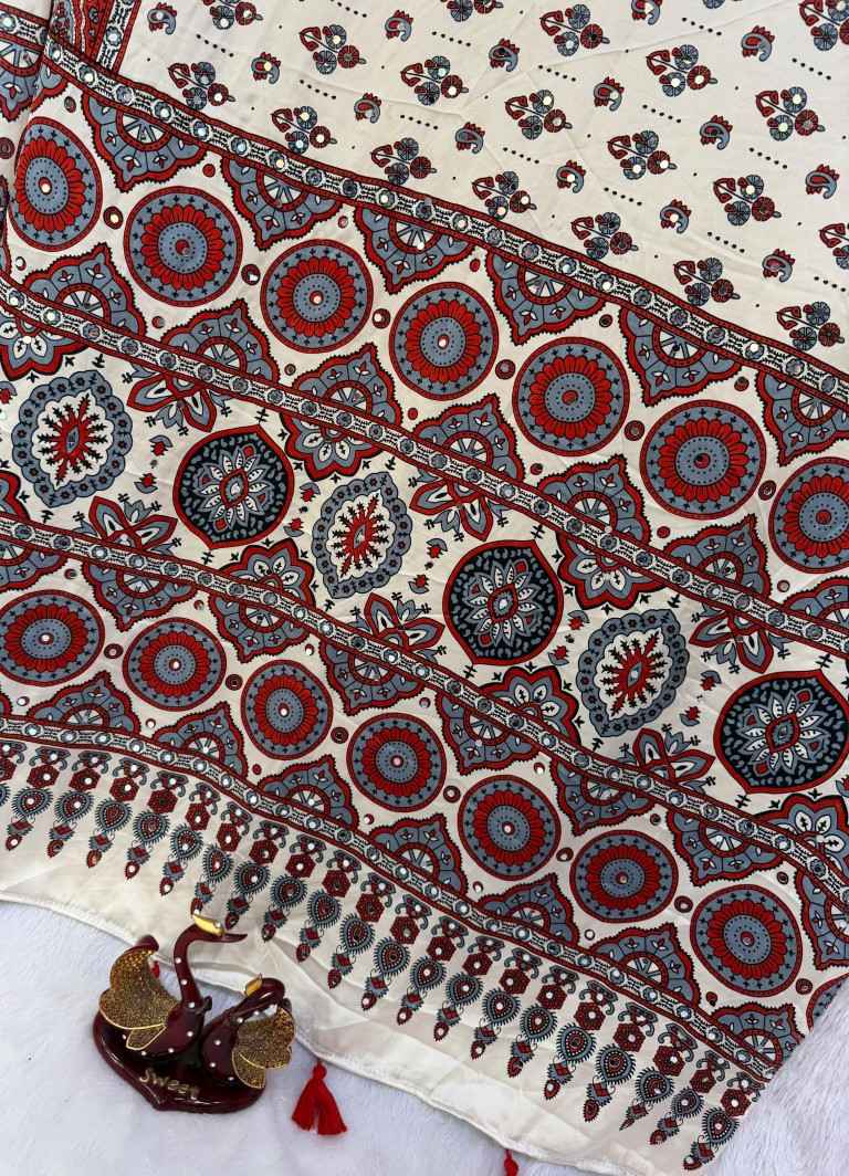 SOFT JAPAN SATIN AJARAKH PRINT REAL MIRROR WORK SAREE 2