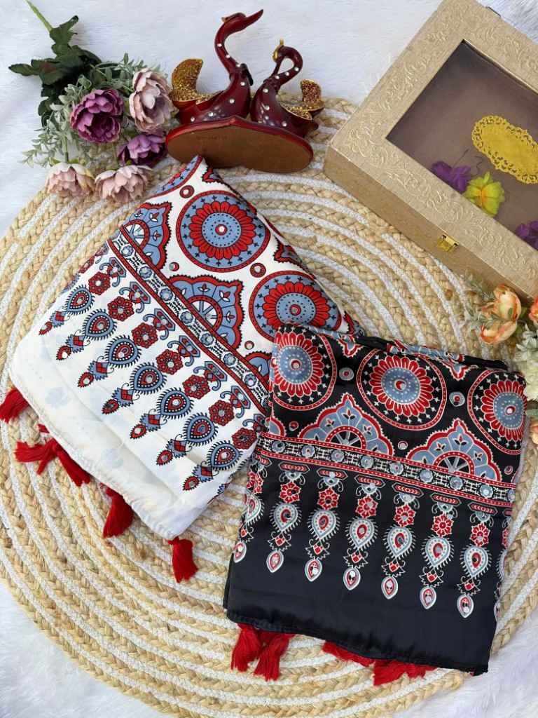 SOFT JAPAN SATIN AJARAKH PRINT REAL MIRROR WORK SAREE 2