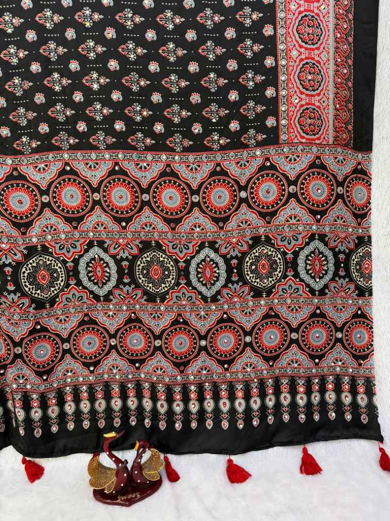 SOFT JAPAN SATIN AJARAKH PRINT REAL MIRROR WORK SAREE 2