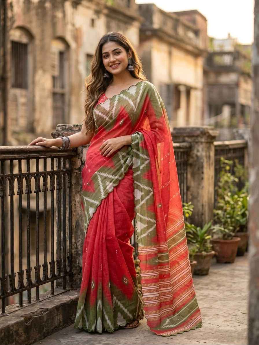 SOFT LINEN COTTON DIGITAL PRINTED AARI WORK SAREE