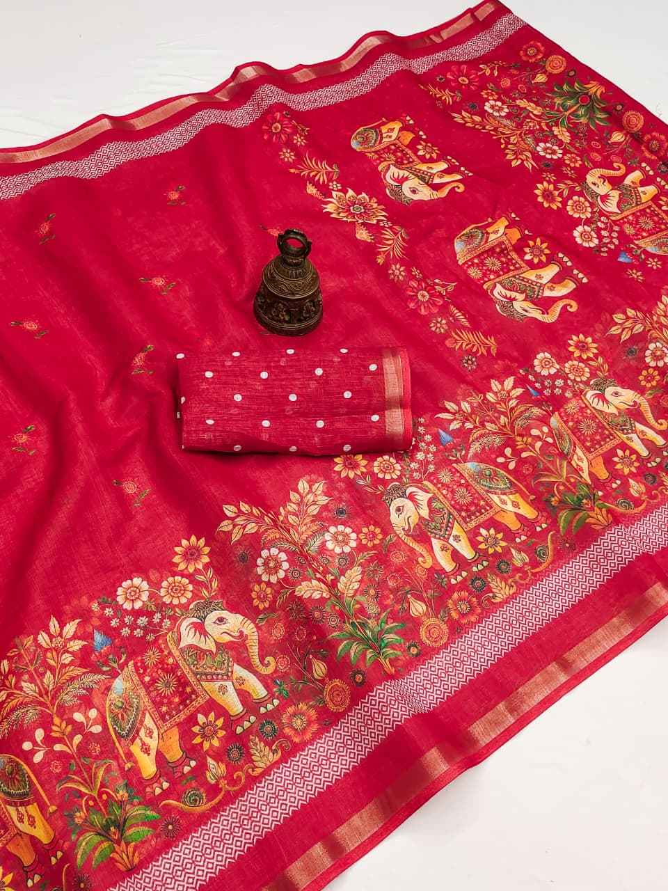 SOFT LINEN DIGITAL PRINTED GOLD ZARI BORDER SAREE 3