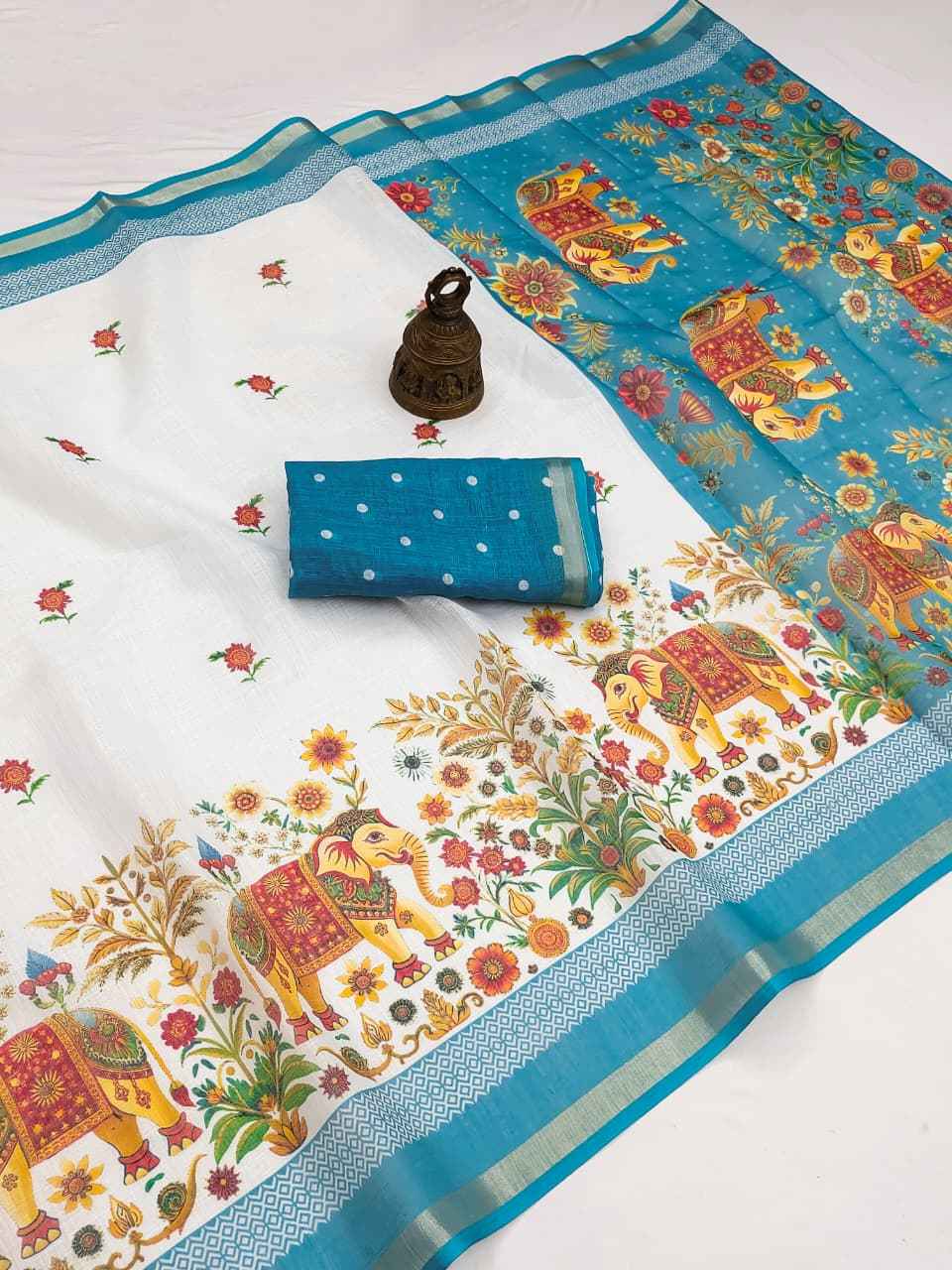 SOFT LINEN DIGITAL PRINTED GOLD ZARI BORDER SAREE 3