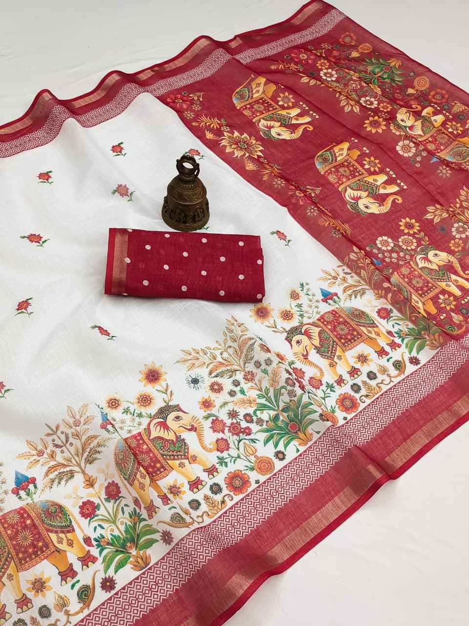 SOFT LINEN DIGITAL PRINTED GOLD ZARI BORDER SAREE 3