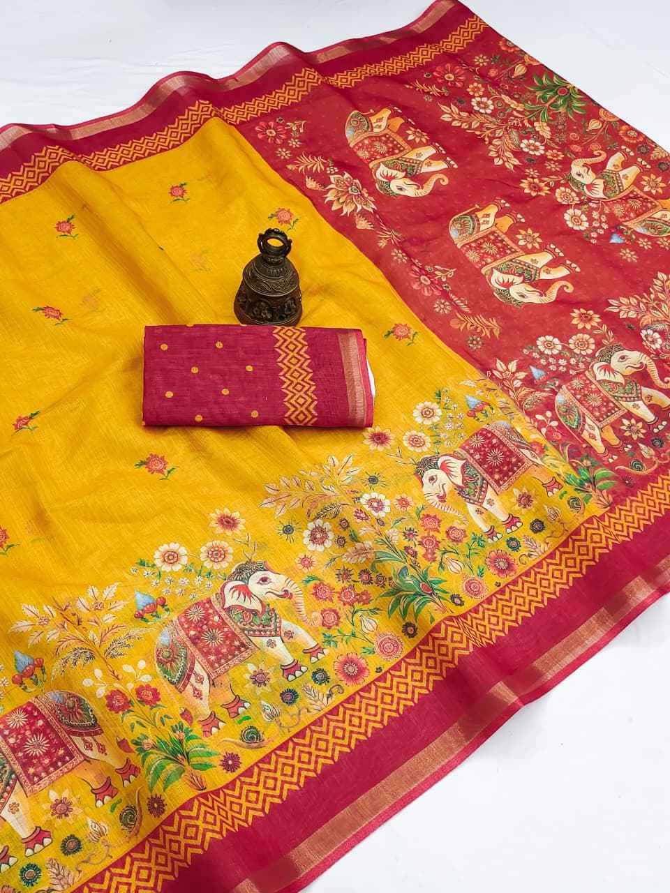 SOFT LINEN DIGITAL PRINTED GOLD ZARI BORDER SAREE 3