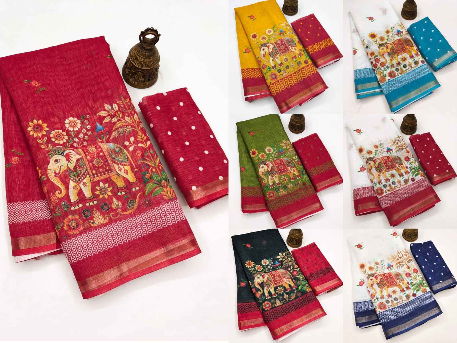 SOFT LINEN DIGITAL PRINTED GOLD ZARI BORDER SAREE 3