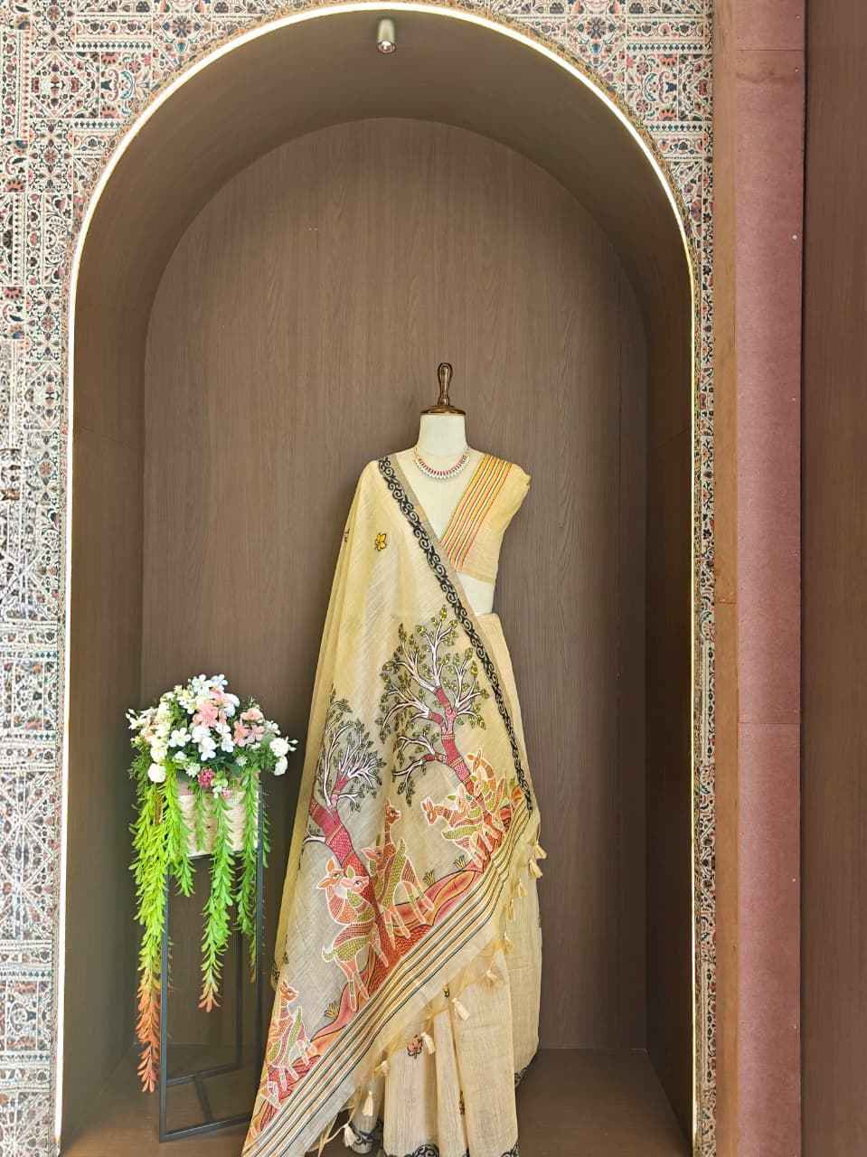 SOFT MUGA COTTON HIRAN & TREE FLORAL WEAVING SAREE