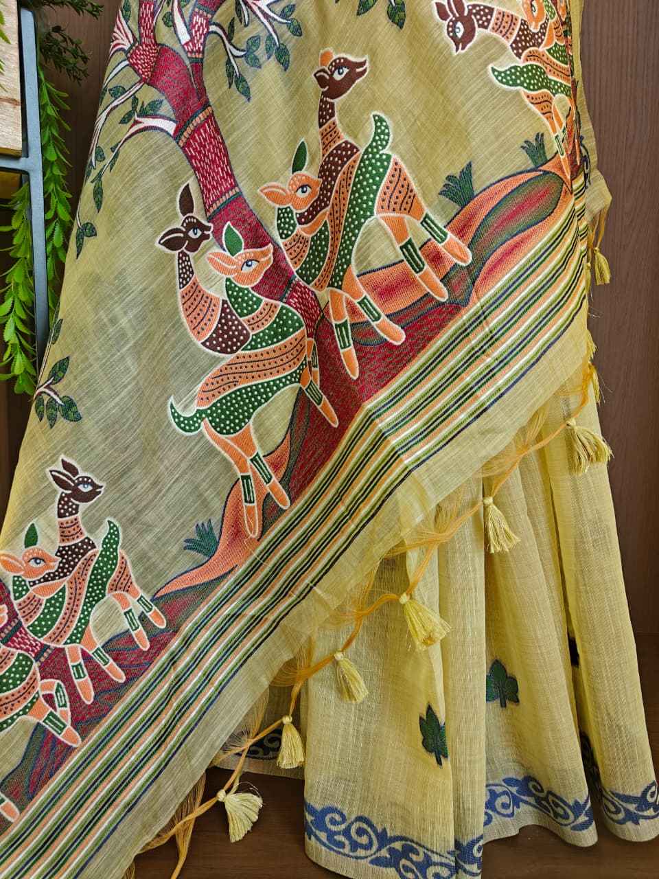 SOFT MUGA COTTON HIRAN & TREE FLORAL WEAVING SAREE