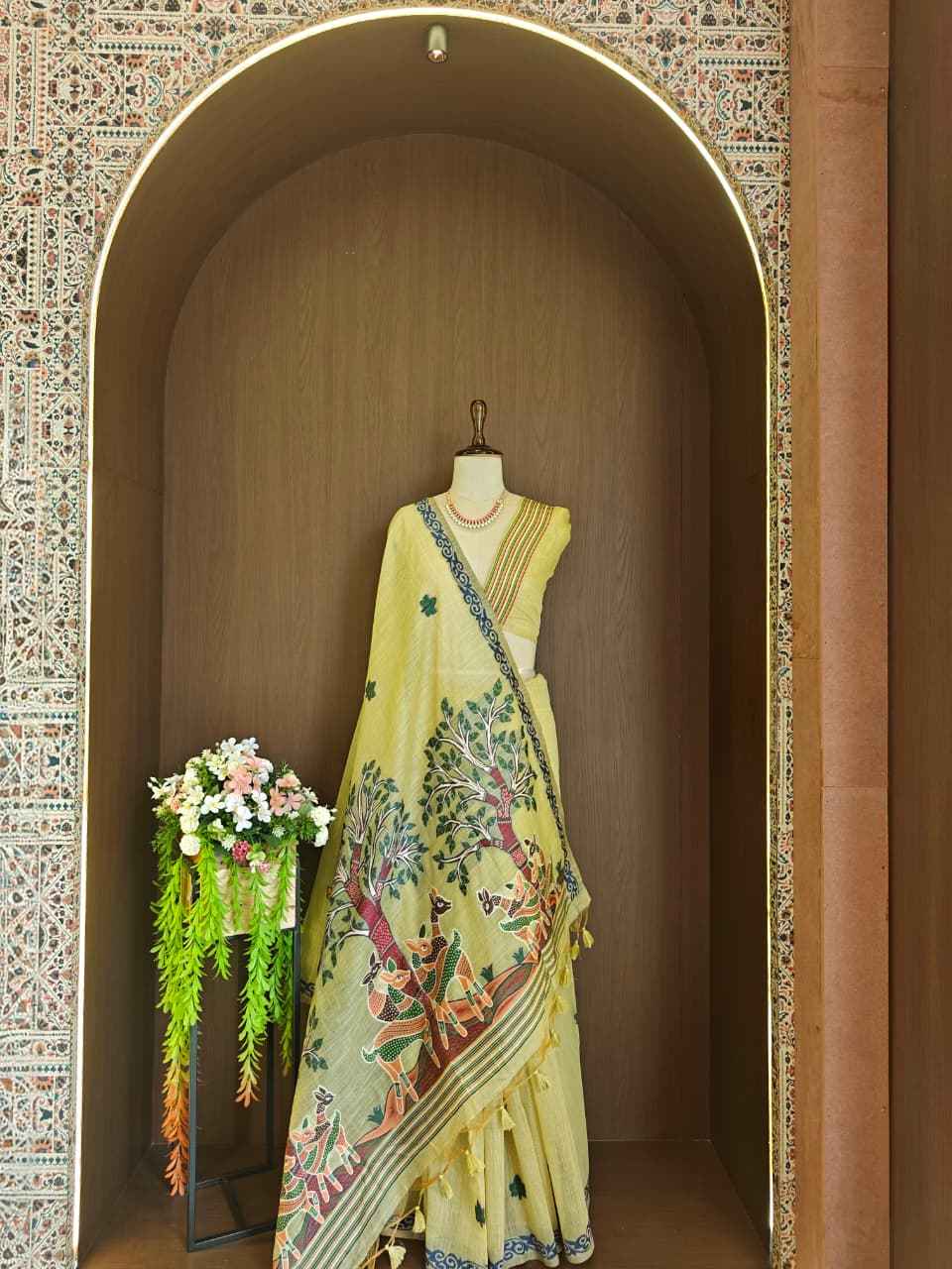SOFT MUGA COTTON HIRAN & TREE FLORAL WEAVING SAREE