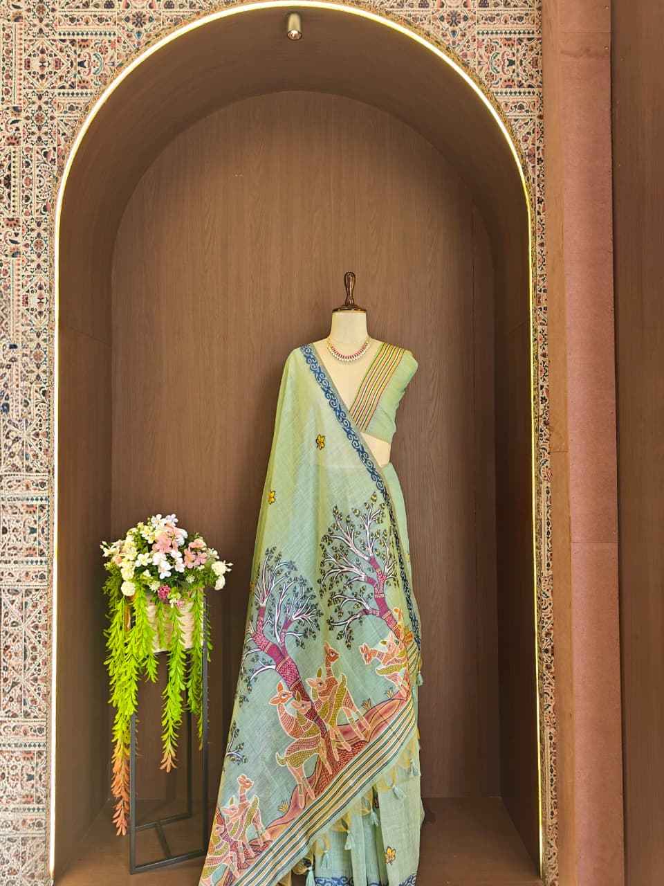 SOFT MUGA COTTON HIRAN & TREE FLORAL WEAVING SAREE