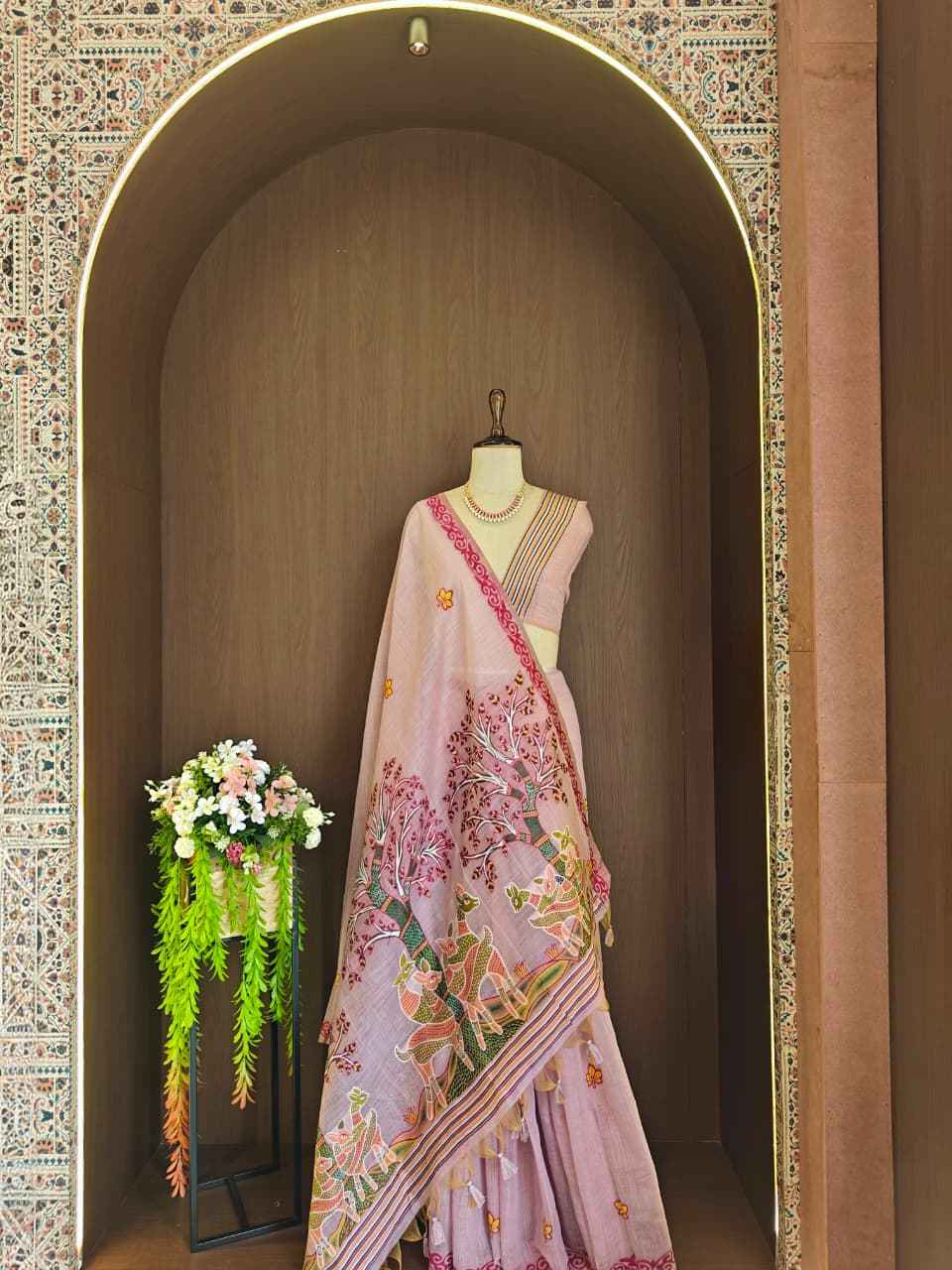 SOFT MUGA COTTON HIRAN & TREE FLORAL WEAVING SAREE