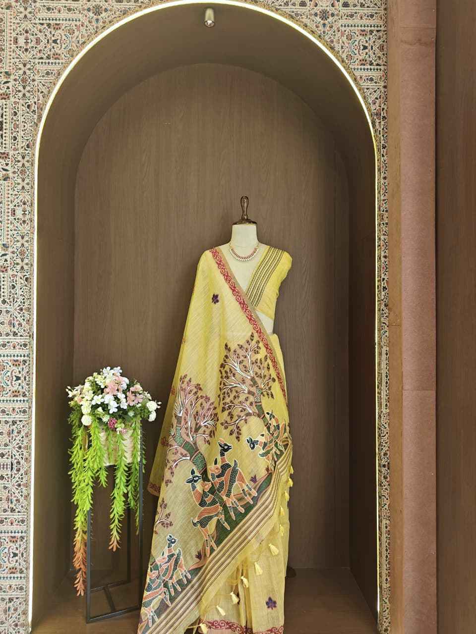 SOFT MUGA COTTON HIRAN & TREE FLORAL WEAVING SAREE