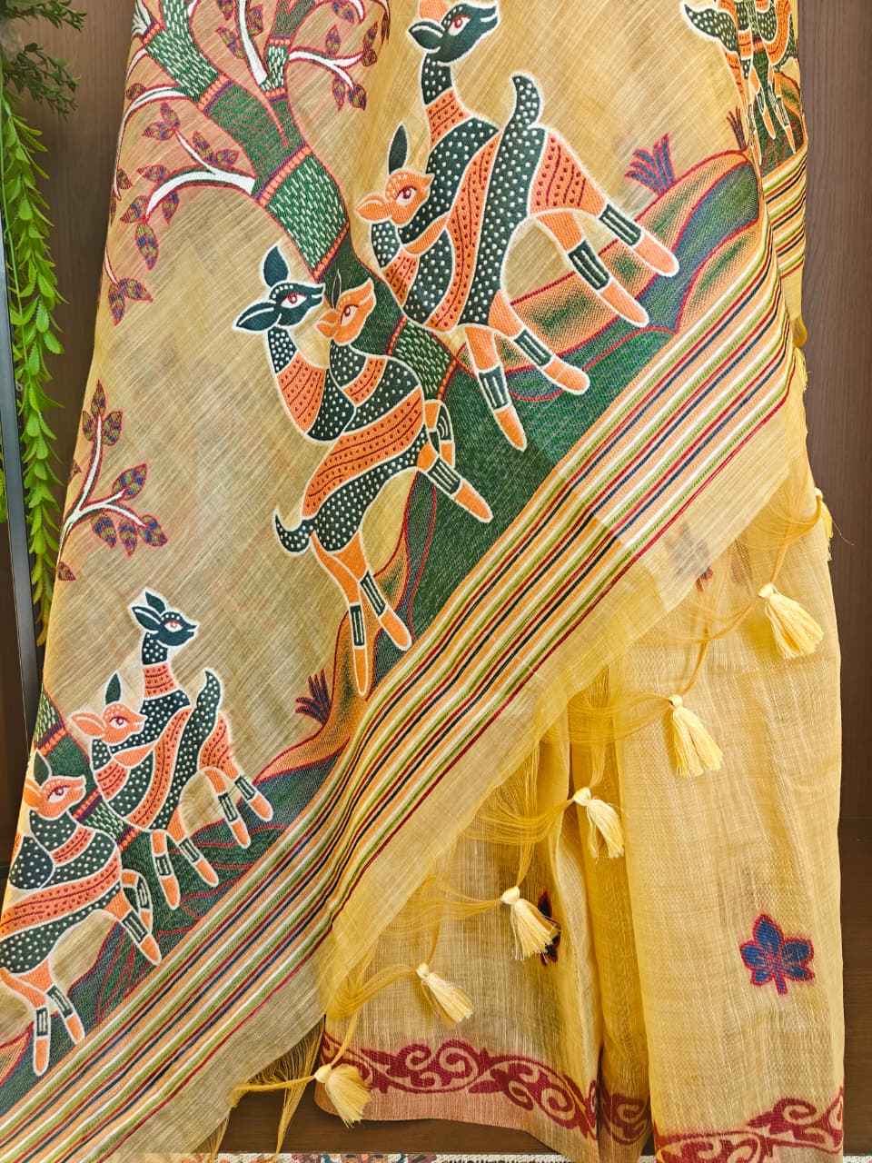 SOFT MUGA COTTON HIRAN & TREE FLORAL WEAVING SAREE