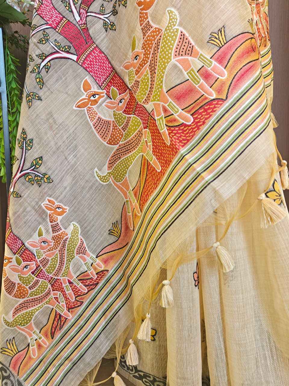 SOFT MUGA COTTON HIRAN & TREE FLORAL WEAVING SAREE