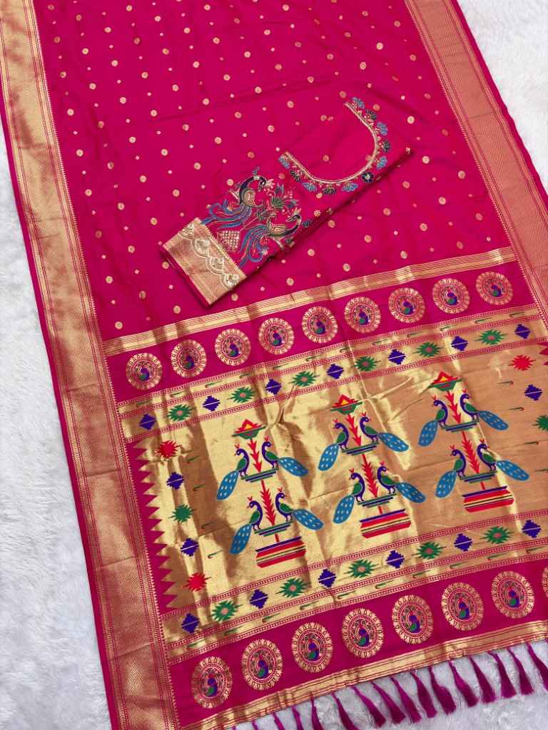 SOFT PAITHANI SILK MEENAKARI ZARI WEAVING KADIYAL BORDER SAREE 
