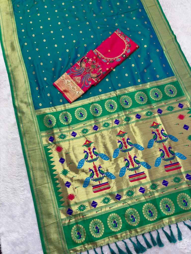 SOFT PAITHANI SILK MEENAKARI ZARI WEAVING KADIYAL BORDER SAREE 