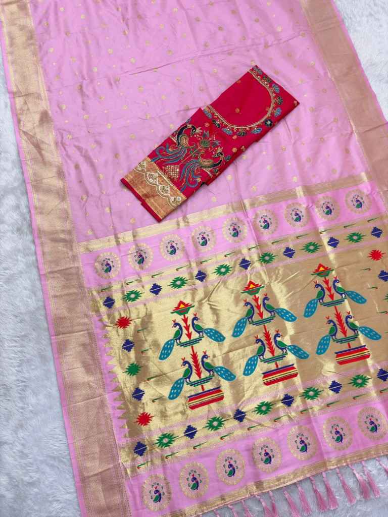 SOFT PAITHANI SILK MEENAKARI ZARI WEAVING KADIYAL BORDER SAREE 
