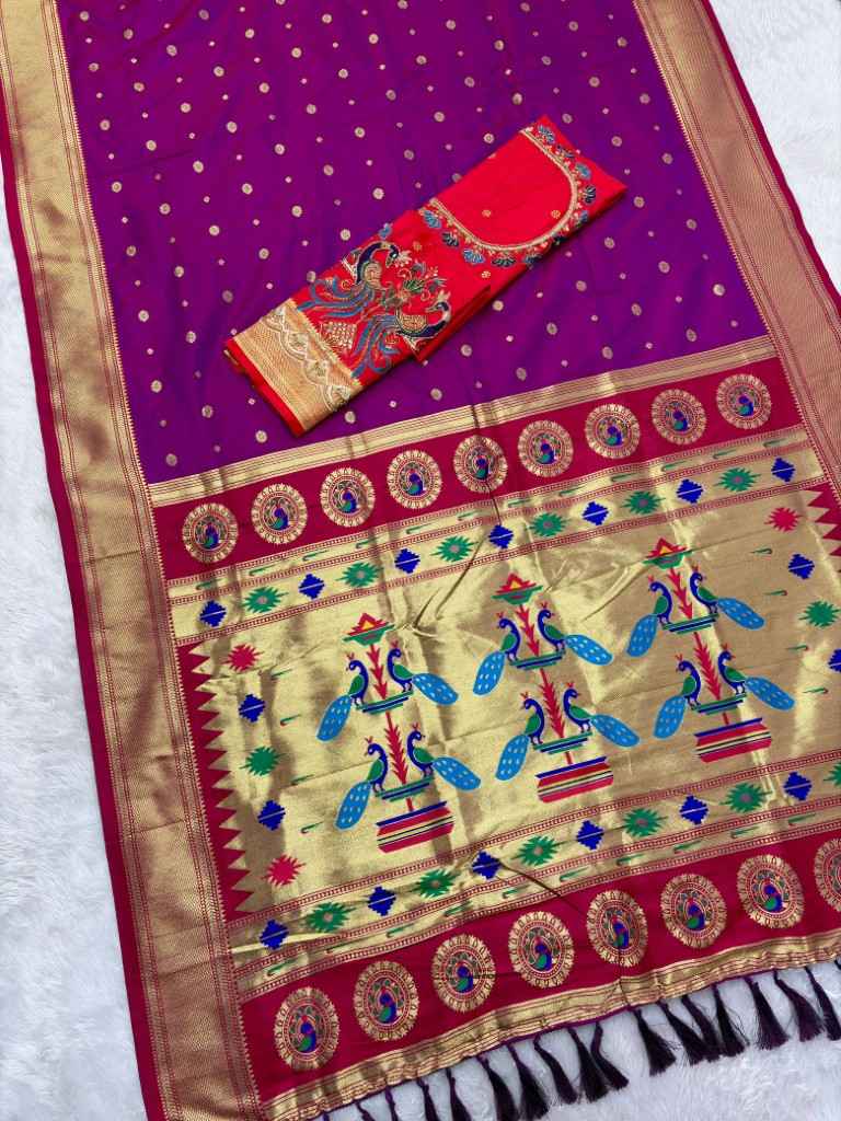 SOFT PAITHANI SILK MEENAKARI ZARI WEAVING KADIYAL BORDER SAREE 