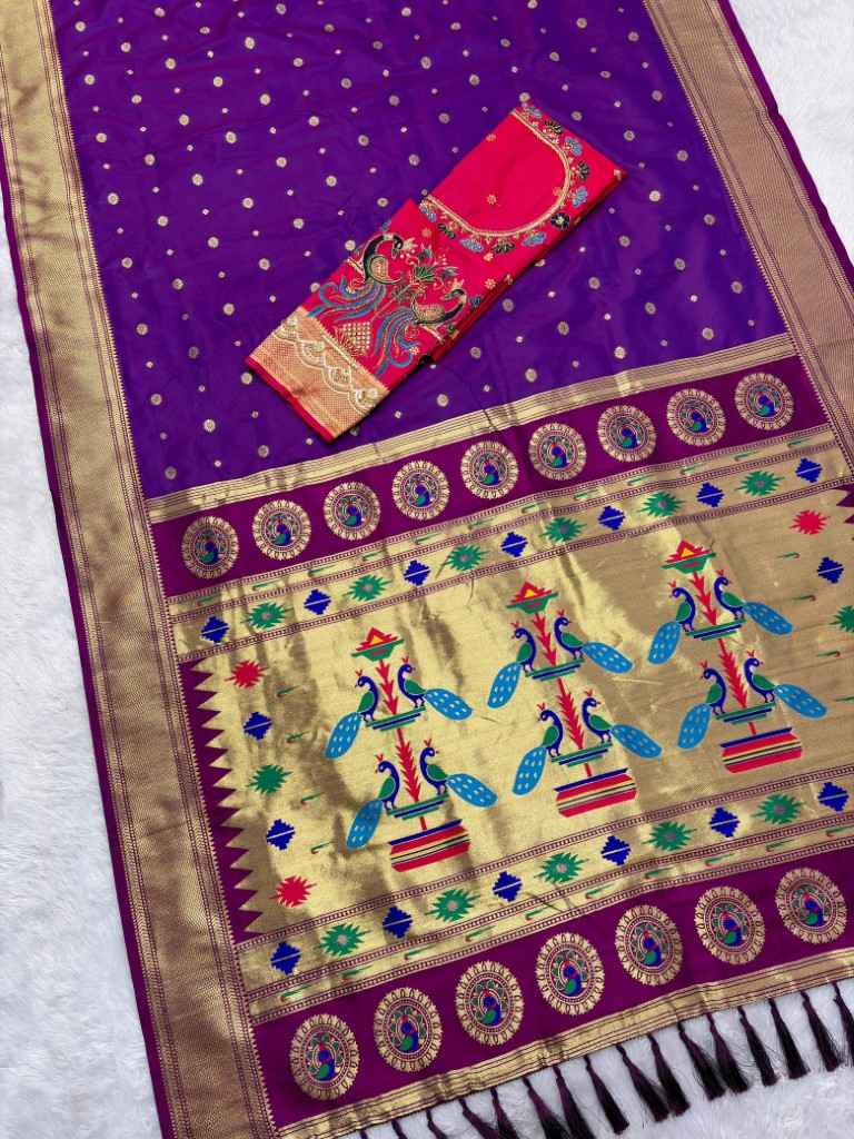 SOFT PAITHANI SILK MEENAKARI ZARI WEAVING KADIYAL BORDER SAREE 