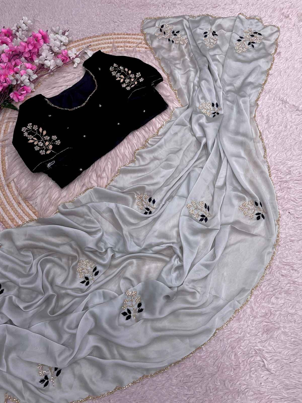 SOFT RANGOLI SILK MOTI AND RESHAM THREAD WORK SAREE