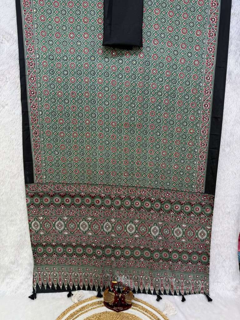 SOFT SATIN CREPE AJARAKH PRINT REAL MIRROR WORK SAREE