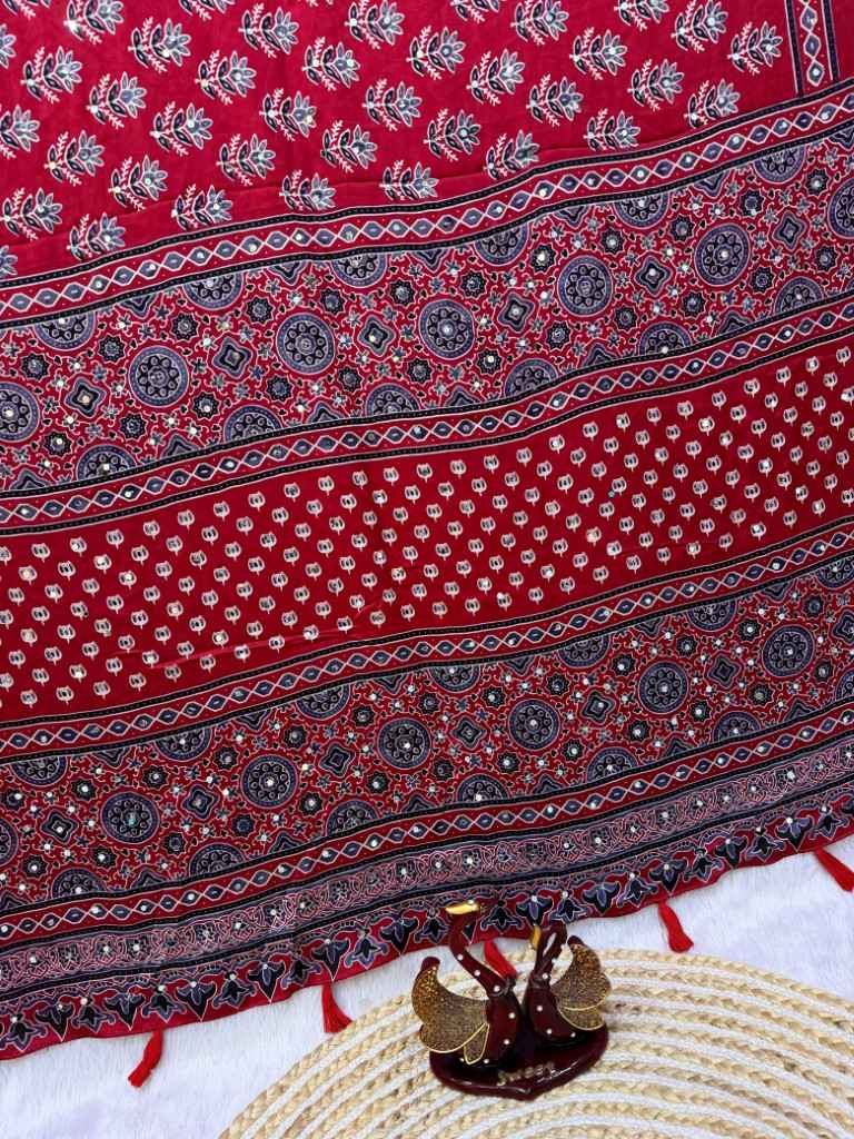 SOFT SATIN CREPE AJARAKH PRINT REAL MIRROR WORK SAREE 1