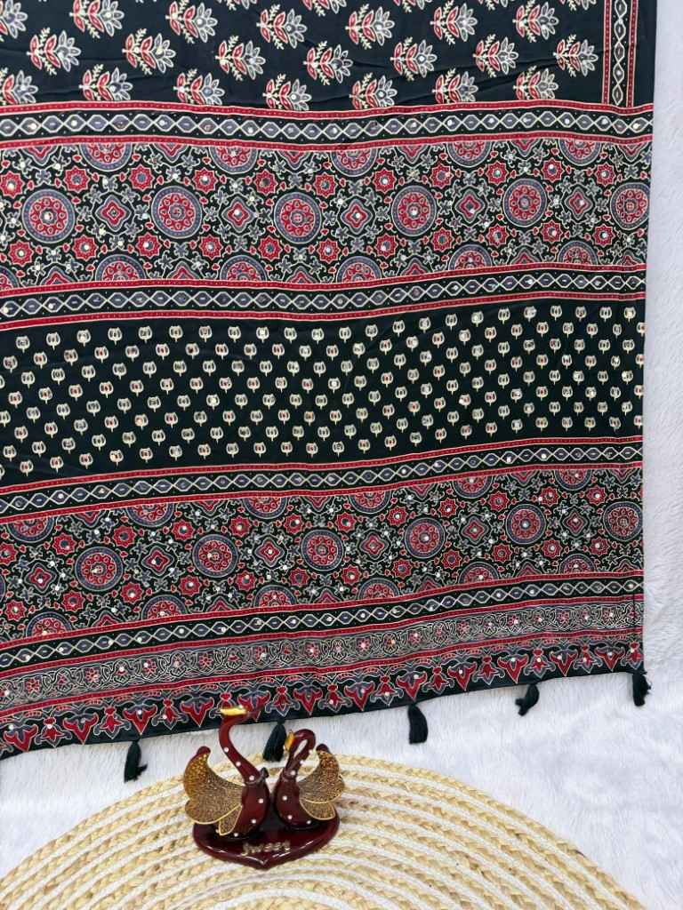 SOFT SATIN CREPE AJARAKH PRINT REAL MIRROR WORK SAREE 1