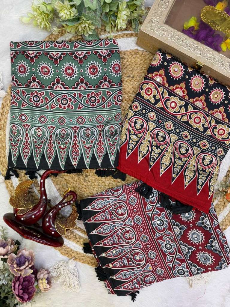 SOFT SATIN CREPE AJARAKH PRINT REAL MIRROR WORK SAREE