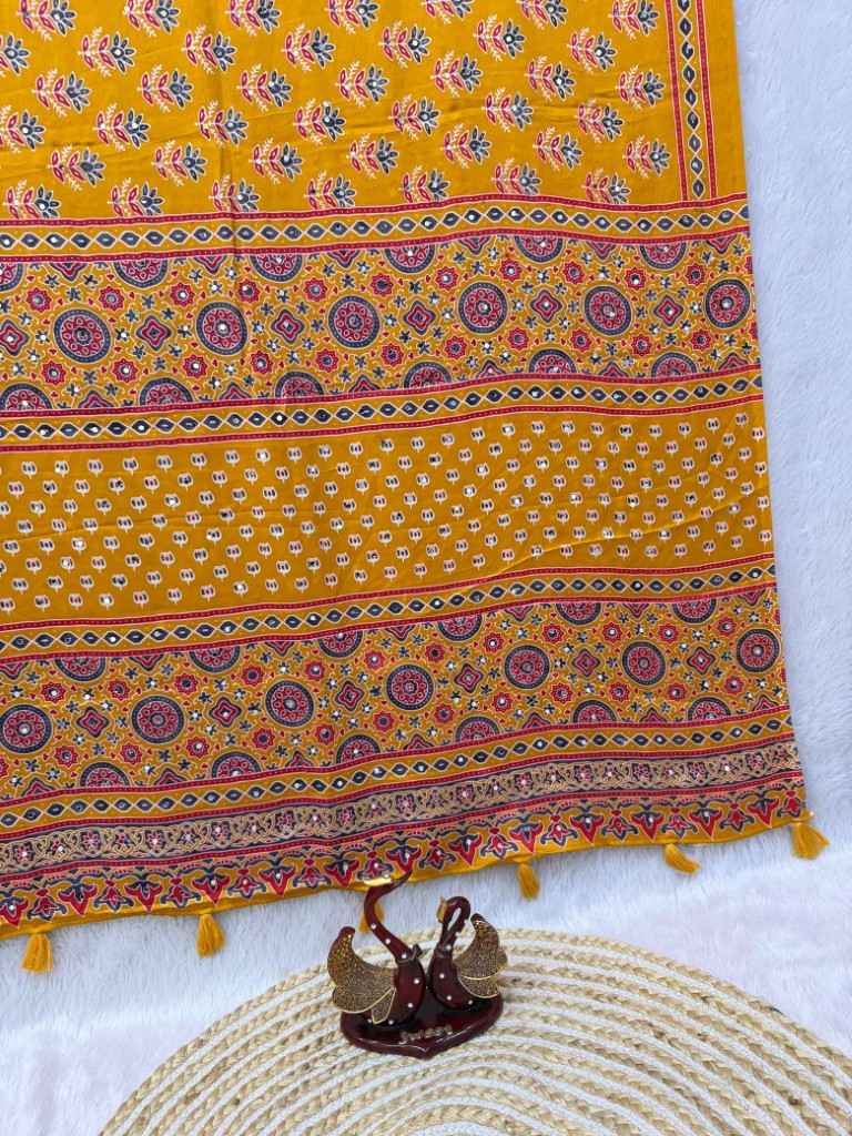 SOFT SATIN CREPE AJARAKH PRINT REAL MIRROR WORK SAREE 1