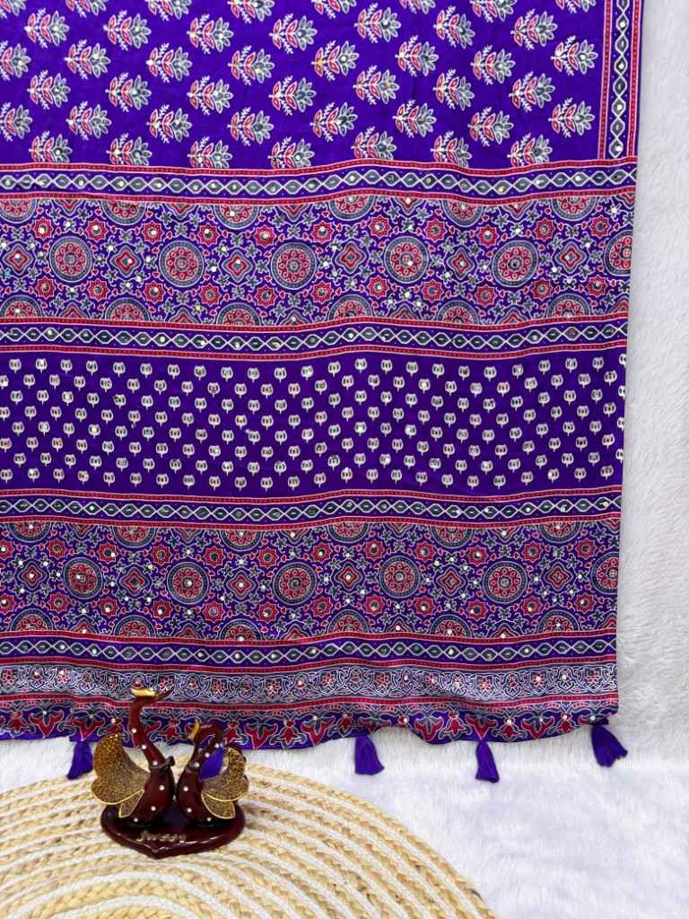 SOFT SATIN CREPE AJARAKH PRINT REAL MIRROR WORK SAREE 1