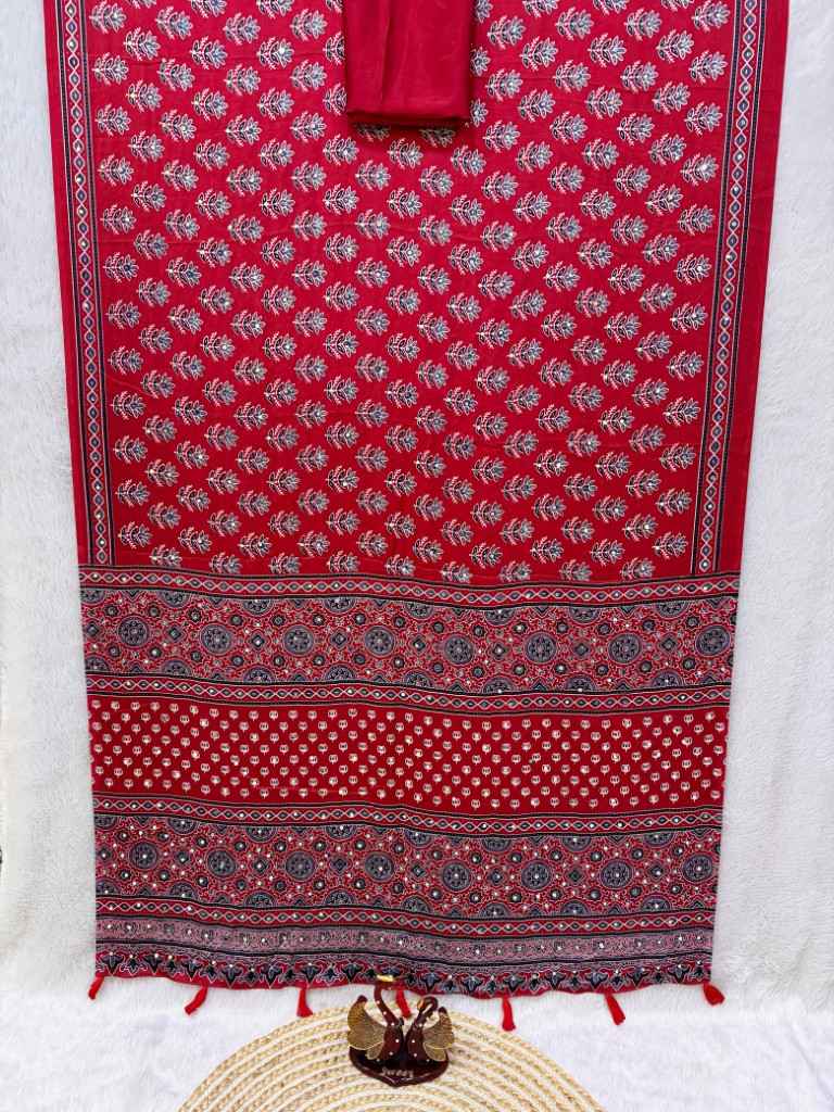 SOFT SATIN CREPE AJARAKH PRINT REAL MIRROR WORK SAREE 1