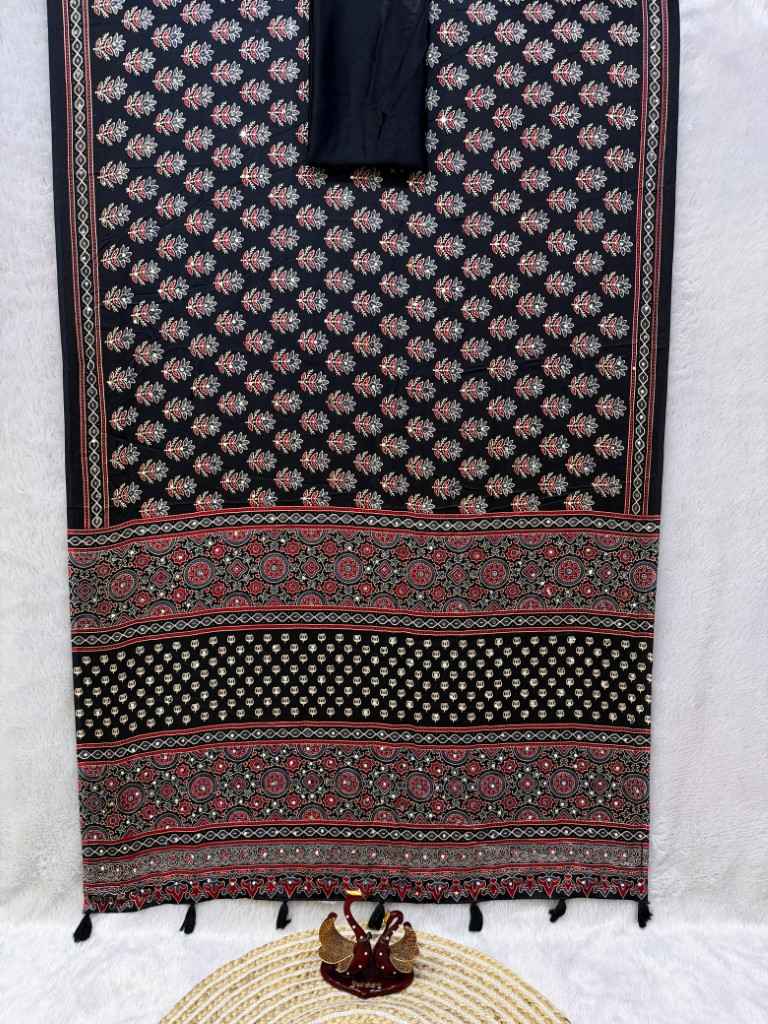 SOFT SATIN CREPE AJARAKH PRINT REAL MIRROR WORK SAREE 1