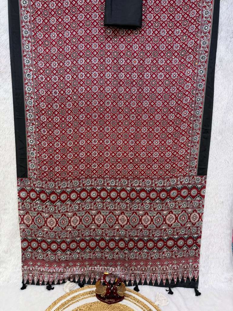 SOFT SATIN CREPE AJARAKH PRINT REAL MIRROR WORK SAREE