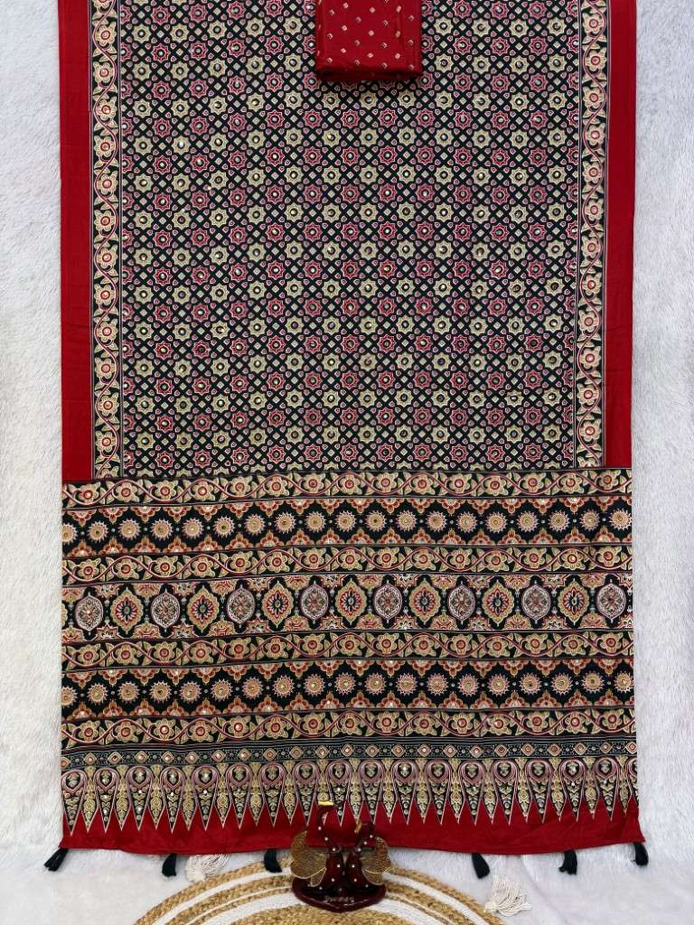 SOFT SATIN CREPE AJARAKH PRINT REAL MIRROR WORK SAREE