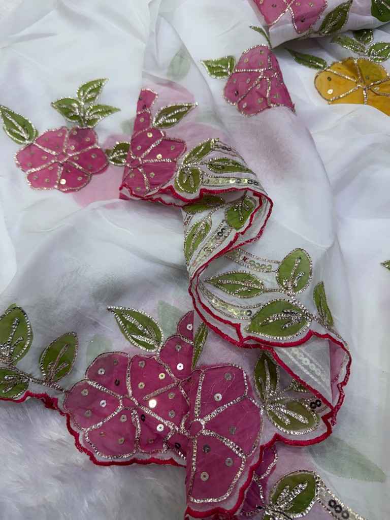SOFT TEBBY SILK RIBBON AND SEQUINS WORK BRUSH PAINT SAREE