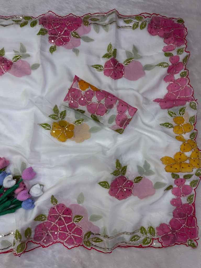 SOFT TEBBY SILK RIBBON AND SEQUINS WORK BRUSH PAINT SAREE