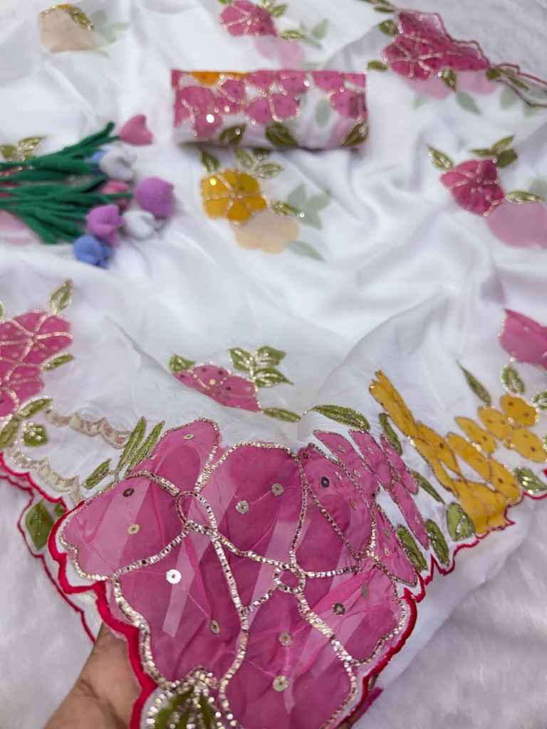 SOFT TEBBY SILK RIBBON AND SEQUINS WORK BRUSH PAINT SAREE