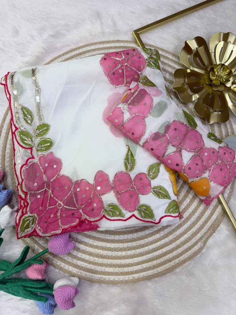 SOFT TEBBY SILK RIBBON AND SEQUINS WORK BRUSH PAINT SAREE