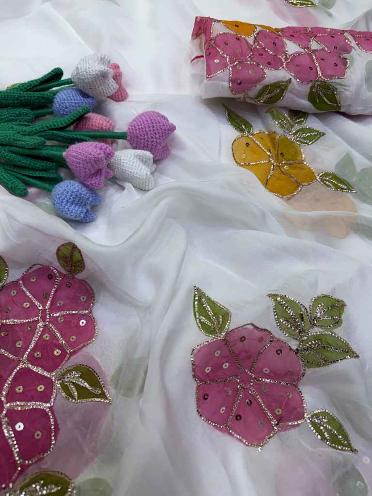 SOFT TEBBY SILK RIBBON AND SEQUINS WORK BRUSH PAINT SAREE