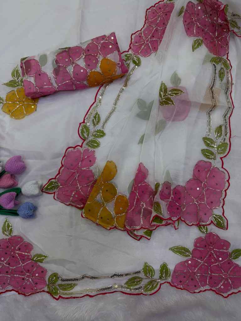 SOFT TEBBY SILK RIBBON AND SEQUINS WORK BRUSH PAINT SAREE