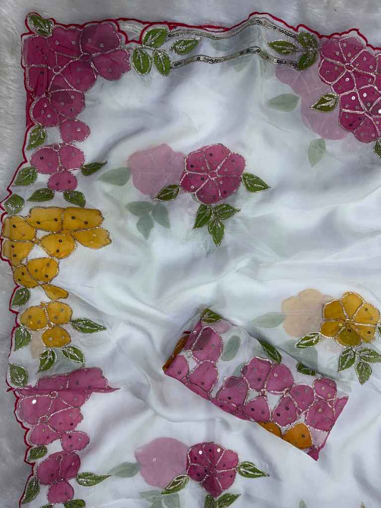 SOFT TEBBY SILK RIBBON AND SEQUINS WORK BRUSH PAINT SAREE