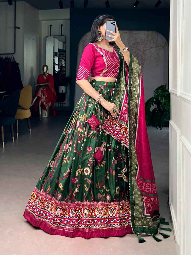 TASAR SILK FOIL PRINTED MIRROR GAMTHI WORK LEHENGA CHOLI 