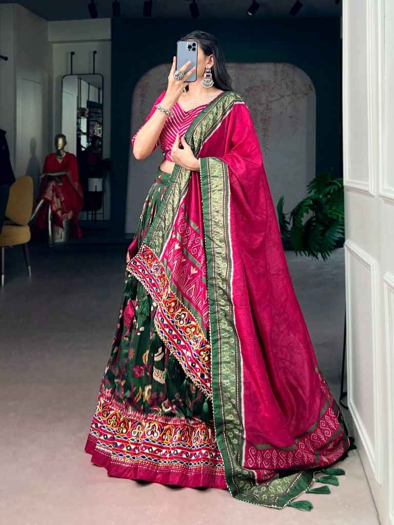 TASAR SILK FOIL PRINTED MIRROR GAMTHI WORK LEHENGA CHOLI 
