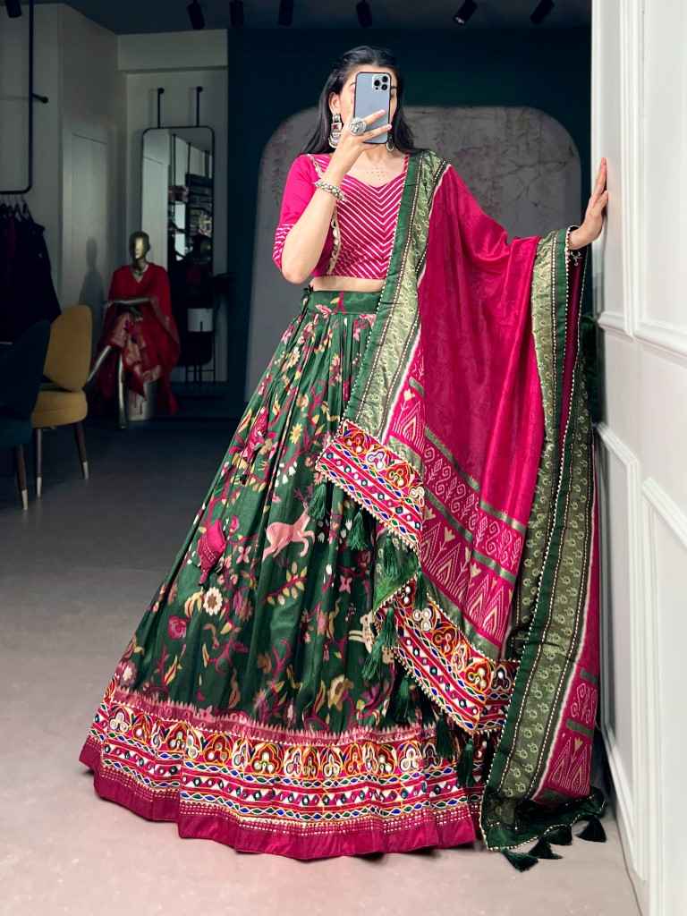 TASAR SILK FOIL PRINTED MIRROR GAMTHI WORK LEHENGA CHOLI 