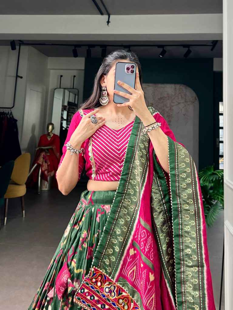 TASAR SILK FOIL PRINTED MIRROR GAMTHI WORK LEHENGA CHOLI 