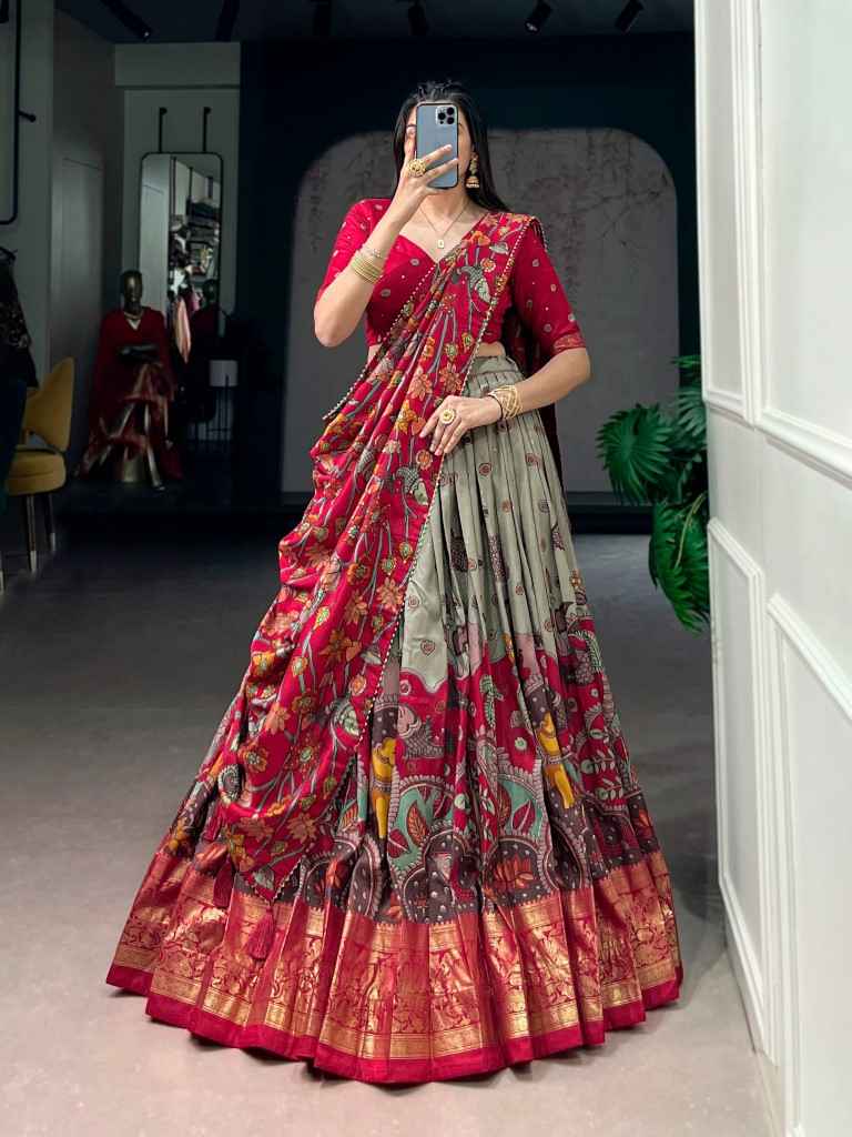 TASAR SILK KALAMKARI PRINT DESIGNER LEHENGA CHOLI 