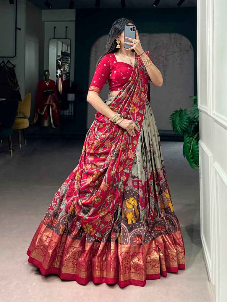 TASAR SILK KALAMKARI PRINT DESIGNER LEHENGA CHOLI 