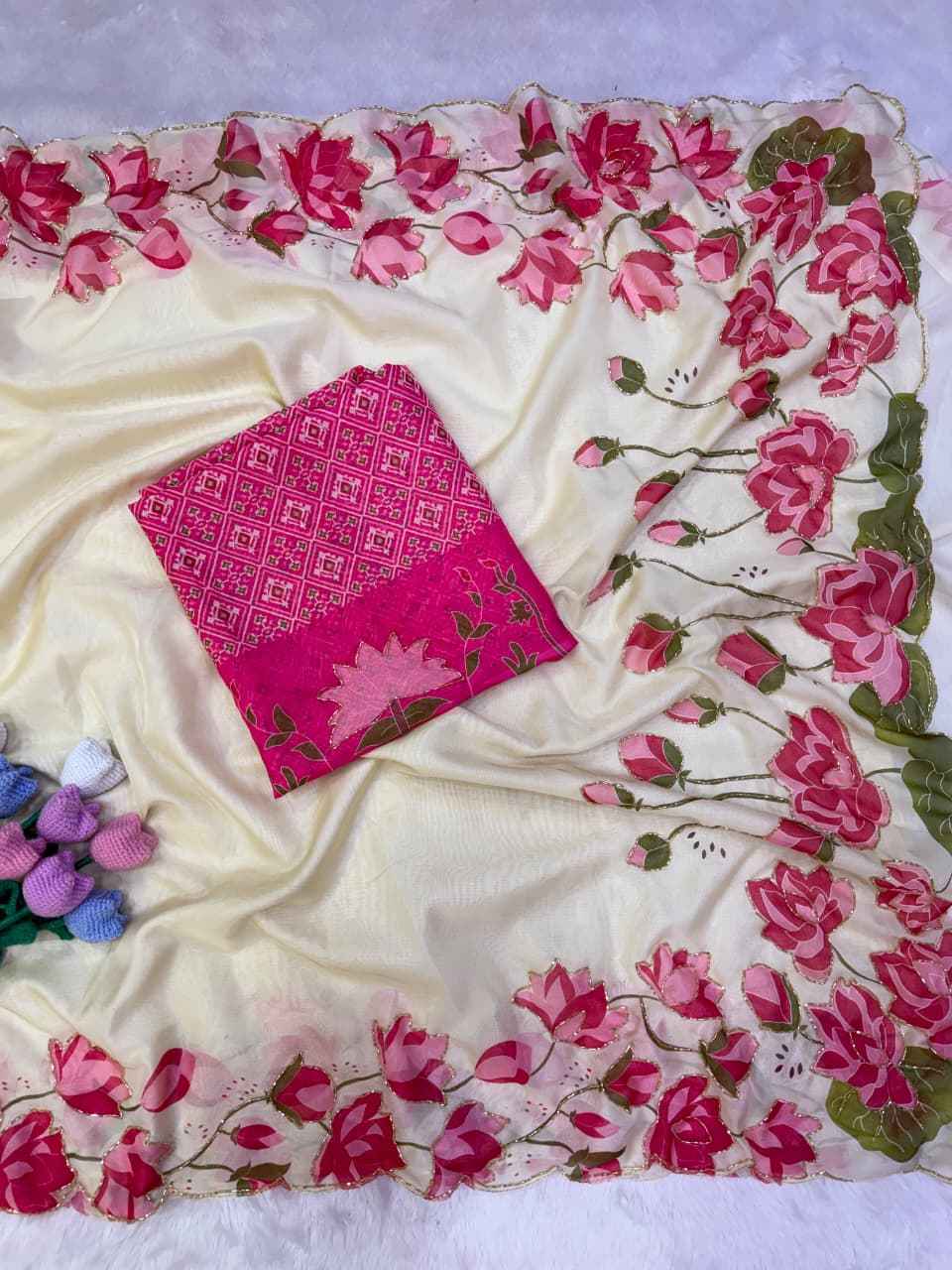 SOFT TEBBY SILK FLORAL PRINT KATDANA HANDWORK SAREE