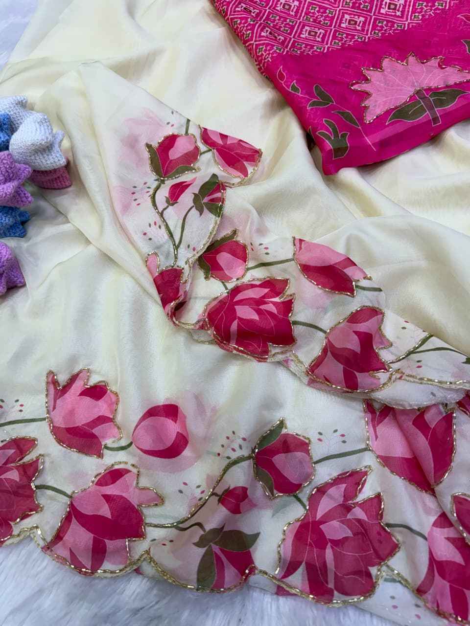 SOFT TEBBY SILK FLORAL PRINT KATDANA HANDWORK SAREE
